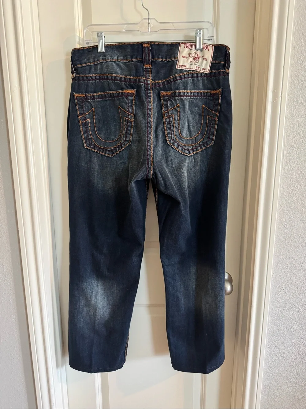 True Religion Men's Dark Blue Jeans with Orange Contrast Stitching
